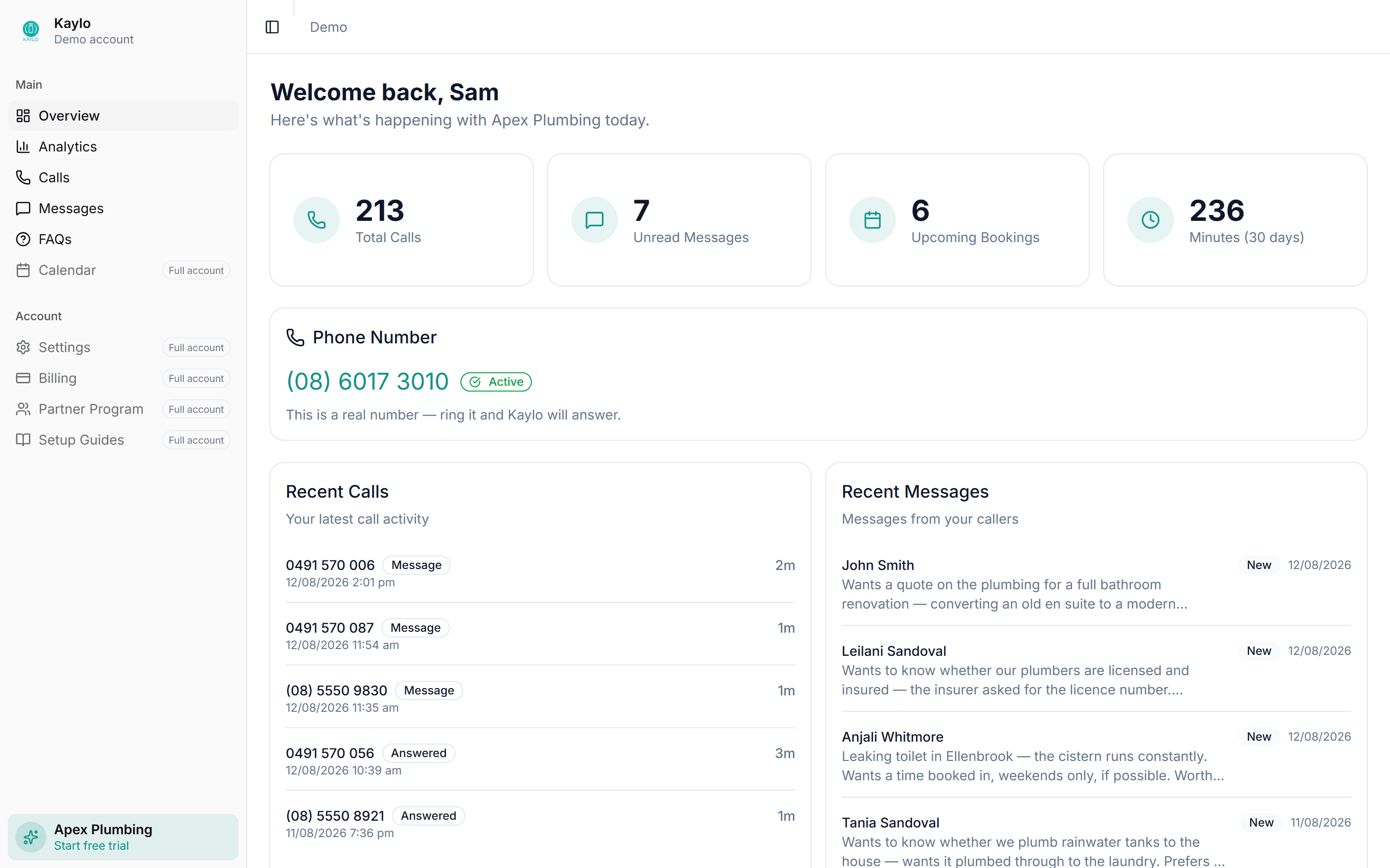 The Kaylo dashboard showing call totals, unread messages, upcoming bookings and recent call activity for a demo plumbing business